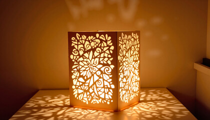 Illuminated abstract lantern casting artistic shadows indoors, decor concept