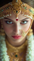 Close up portrait of a woman wearing elaborate gold jewelry and traditional bridal attire, intense gaze, detailed makeup, soft lighting.