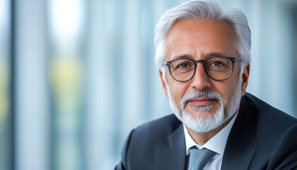 Professional man with gray hair and glasses in business setting