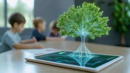 A vibrant green digital tree hovers above a tablet, with children drawing in the background. The image represents technological integration with nature and education.