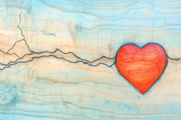 Red heart connected to lifeline on wooden background symbolizing love and health