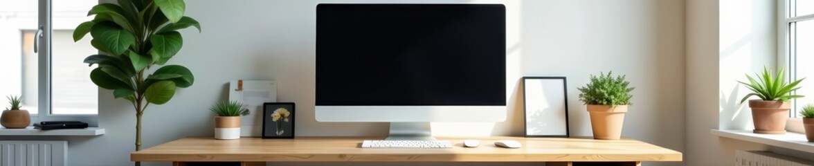 Modern Scandinavian style workspace with TV, plant, and wooden accents, style, accents