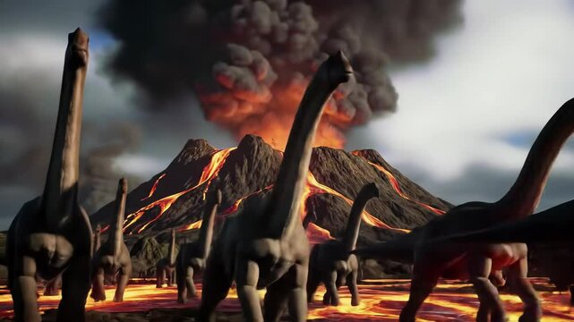 Volcanic Eruption &ndash; Dinosaurs flee in panic as a massive volcano erupts, covering the land in ash and lava.