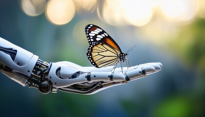 Conceptual image of a delicate butterfly resting on a futuristic robotic hand, symbolizing the harmony between nature and technology.

