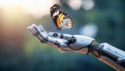 Conceptual image of a delicate butterfly resting on a futuristic robotic hand, symbolizing the harmony between nature and technology.

