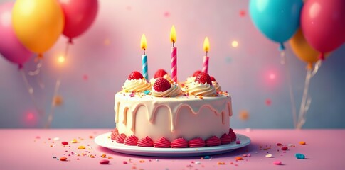 Illustration of a festive birthday cake surrounded by colorful balloons, cake, cartoon