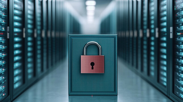 Data Protection Regulation and Secure Backup, secure server room with padlock symbolizing data protection