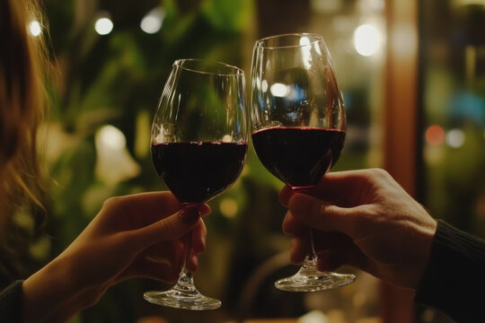 Couple clinking wine glasses in restaurant, celebrating with red wine on romantic date