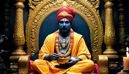 Fototapeta premium A man dressed as an indian deity sits on a gold throne with a bowl in his hand.