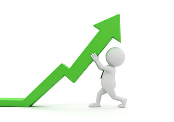 Animated character pushing a green arrow upwards, symbolizing growth, on a white background. Concept of business success. 3D Rendering