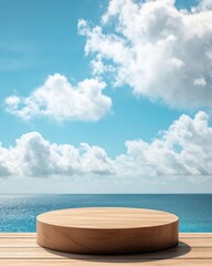 Wooden podium against a backdrop of a blue sky with white clouds and a blue ocean