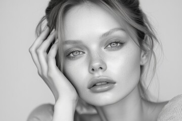 Fototapeta premium Beautiful woman with her hand on her face in monochrome