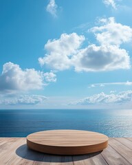 A circular wooden platform rests on a wooden floor overlooking a vast blue ocean and bright sky with fluffy clouds