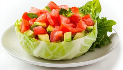Fresh vegetable salad with diced avocado tomato and greens served in a cabbage leaf cup on a white plate