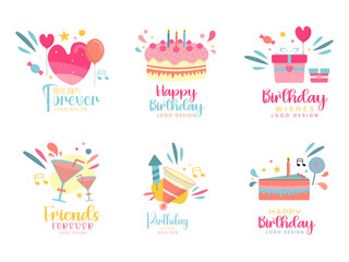Happy Birthday party cute sticker set collection element with cake illustration