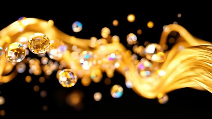 A gold colored stream of beads with a black background - Powered by Adobe