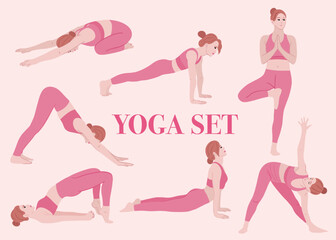 Yoga Poses Set, Female Illustration in Pink Outfit, A collection of vector illustrations featuring a young woman practicing various yoga poses in a stylish pink outfit. Perfect for wellness, fitness