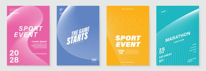 Abstract line sport poster background vector set. Minimalist cover template with vibrant perspective line wave in motion. Ideal design for social media, cover, banner, flyer, ads.