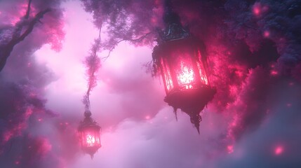 Obraz premium Mystic lanterns in a fog-shrouded forest
