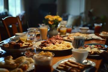Family enjoying large homemade brunch spread on wooden table