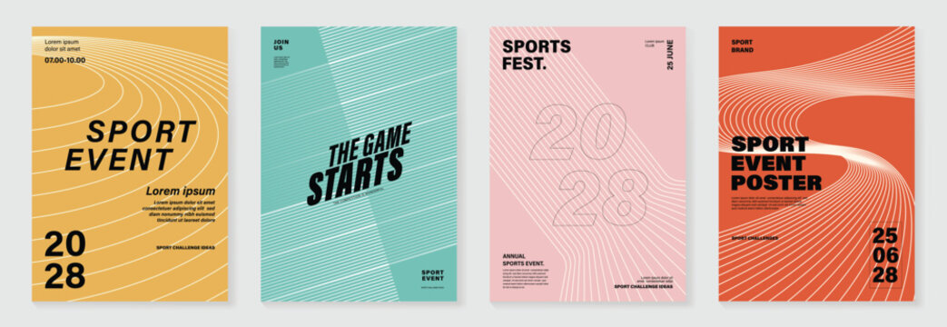 Abstract line sport poster background vector set. Minimalist cover template with vibrant perspective line wave in motion. Ideal design for social media, cover, banner, flyer, ads.