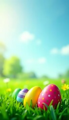 Fototapeta premium Colorful Easter eggs hidden among fresh green grass on sunny spring field, holiday, colorful