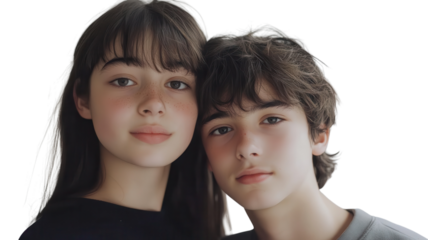 Two young close friends smiling together in a joyful moment against a neutral background