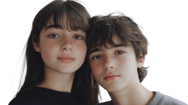 Two young close friends smiling together in a joyful moment against a neutral background