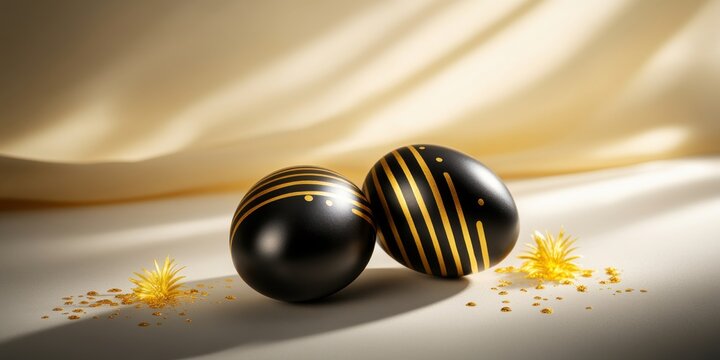 Black and gold Easter eggs with polka dot and striped patterns arranged on a soft beige background with sunlight and shadows. Easter holiday - Powered by Adobe