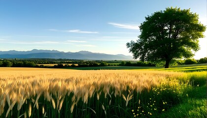Fototapeta premium A serene landscape of wheat fields and trees under a blue sky.
