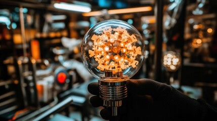 Person Holding a Glowing Snowflake Lightbulb in a Workshop