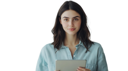Young woman holds a tablet and smiles while posing against a white background in a casual outfit