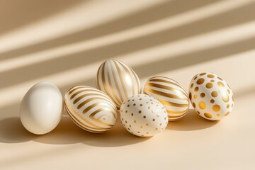 Fototapeta premium Decorative Easter eggs with gold patterns on a beige background. Holiday still life photography. Easter celebration and springtime holiday concept