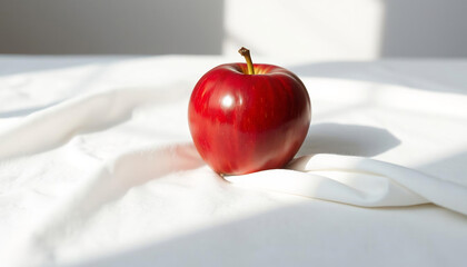 A fresh and simple image of a shiny red apple on a white cloth, with soft light and a gentle shadow against a blurred gray background.