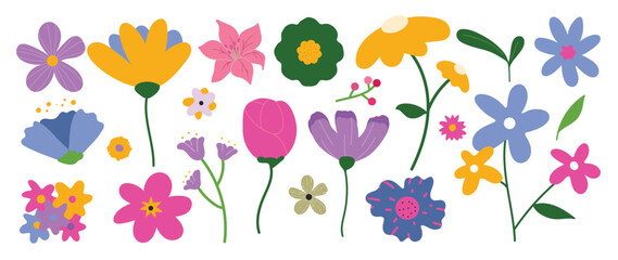Collection of spring colorful flower elements vector. Set floral of wildflower, leaf branch, foliage on white background. Hand drawn blossom illustration for decor, easter, thanksgiving, clipart.