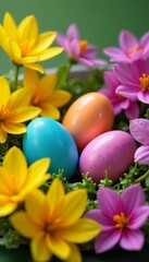 Close-up of colorful easter eggs surrounded by vibrant spring flowers, vibrant, spring