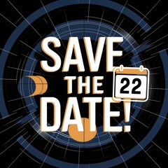 Elegant "Save the Date!" announcement with glowing calendar icon and abstract design &ndash; Ideal for business events, event promotions, or corporate communications.