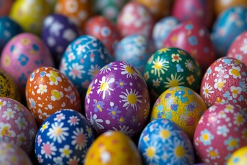Fototapeta premium Colorful decorated eggs arranged in a vibrant display for spring festivities and celebrations
