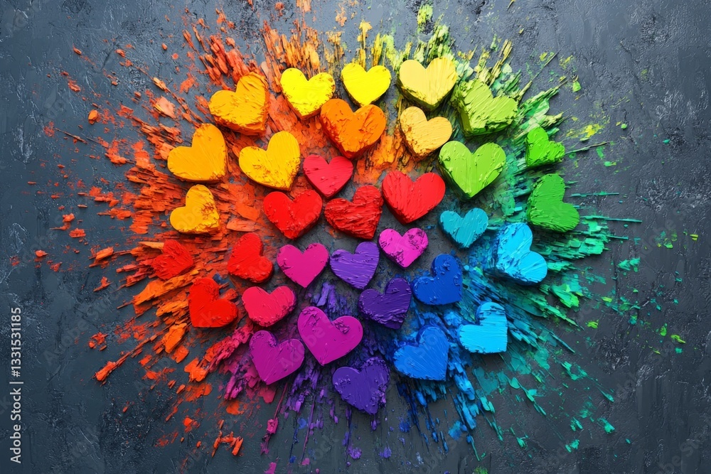 Aufkleber colorful hearts creating a vibrant explosion effect on a textured surface