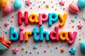 Brightly colored badges spelling out "Happy Birthday" with festive decoration, confetti, celebration