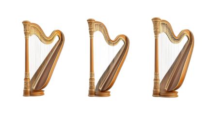 The ornate wooden harp stands prominently, revealing intricate carvings and a rich finish. This musical instrument highlights its craftsmanship from multiple perspectives, enhancing appreciation