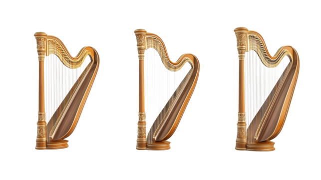 The ornate wooden harp stands prominently, revealing intricate carvings and a rich finish. This musical instrument highlights its craftsmanship from multiple perspectives, enhancing appreciation