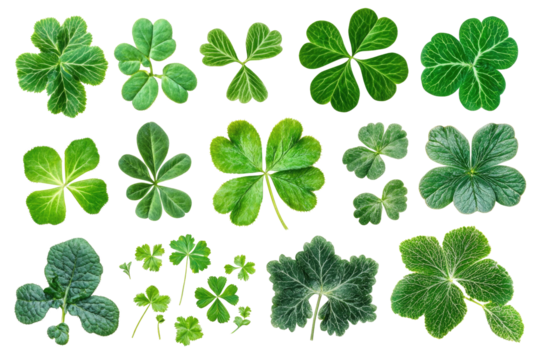 A variety of lush green leaves exhibit an array of shapes and sizes, featuring heart-shaped, circular, and lobed forms. This natural display highlights their vibrant colors and unique textures