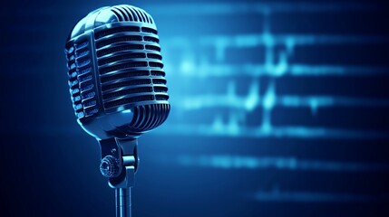 An artistic image displays a vintage silver microphone on a stand