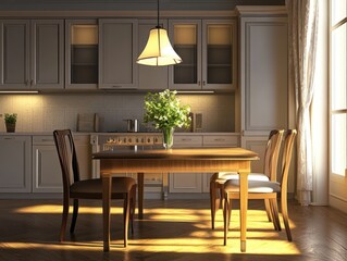 A cozy kitchen with a table and chairs