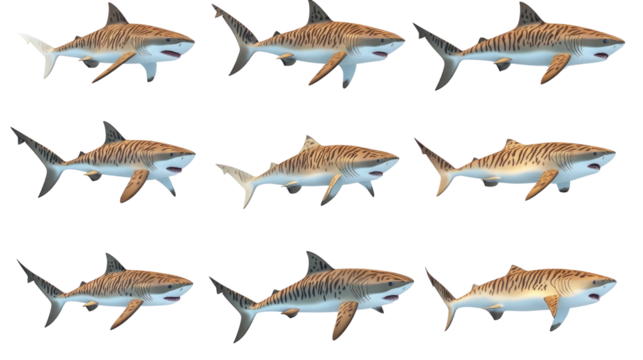 Multiple tiger sharks are shown in various orientations, highlighting their unique features and patterns. This display serves to educate about marine life and shark diversity