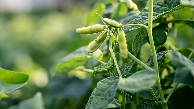 Close-up of green soybeans growing on a plant surrounded by lush foliage in a sunny field