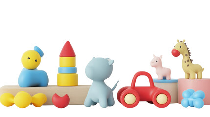 Obraz premium A vibrant assortment of toys includes building blocks, animal figures, and a small car, encouraging creativity and motor skills in young children during playtime