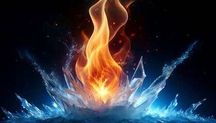Abstract fantasy concept of a frozen flame, merging icy blue textures and fiery orange energy, suspended against a dark background.

