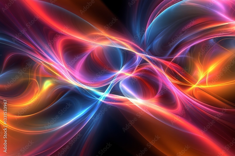 Poster Colorful abstract light patterns blend and swirl against a dark background, creating an energetic and dynamic visual experience